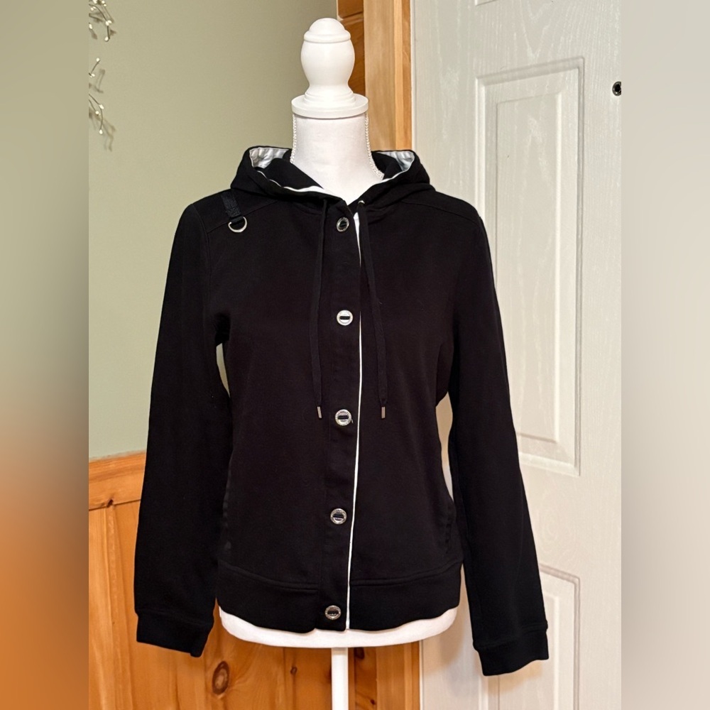 Lauren Ralph Lauren JACKET HOOD Black Logo Silver Buttons 100% Cotton Size M